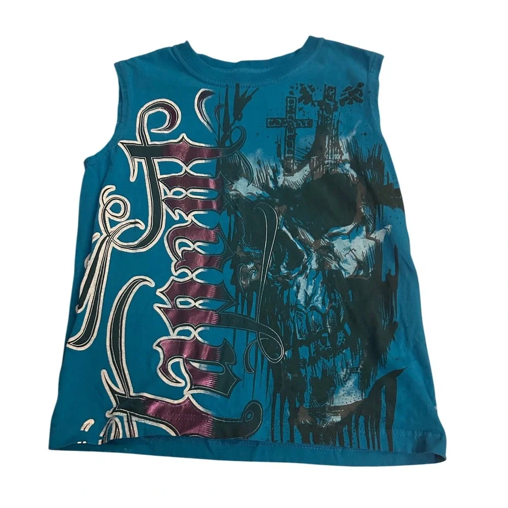 Tapout Boys Teal Blue Sleeveless Graphic Muscle Tee Skull Cross Gothic Size 8